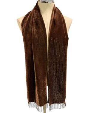 Valerie Stevens Double Faced Brown Beaded Fringe Scarf Silk‎ Blend Gold Metallic